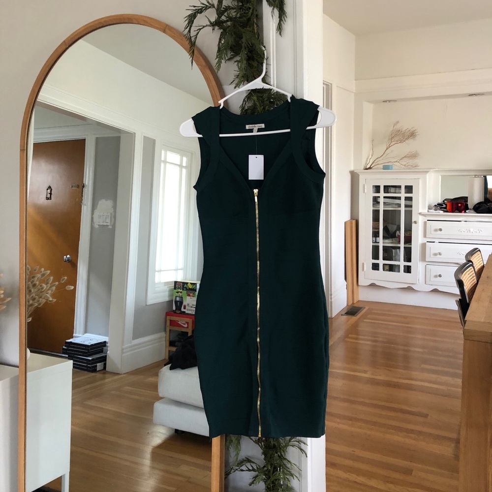 Emerald Green Zip Front Bandage Dress
